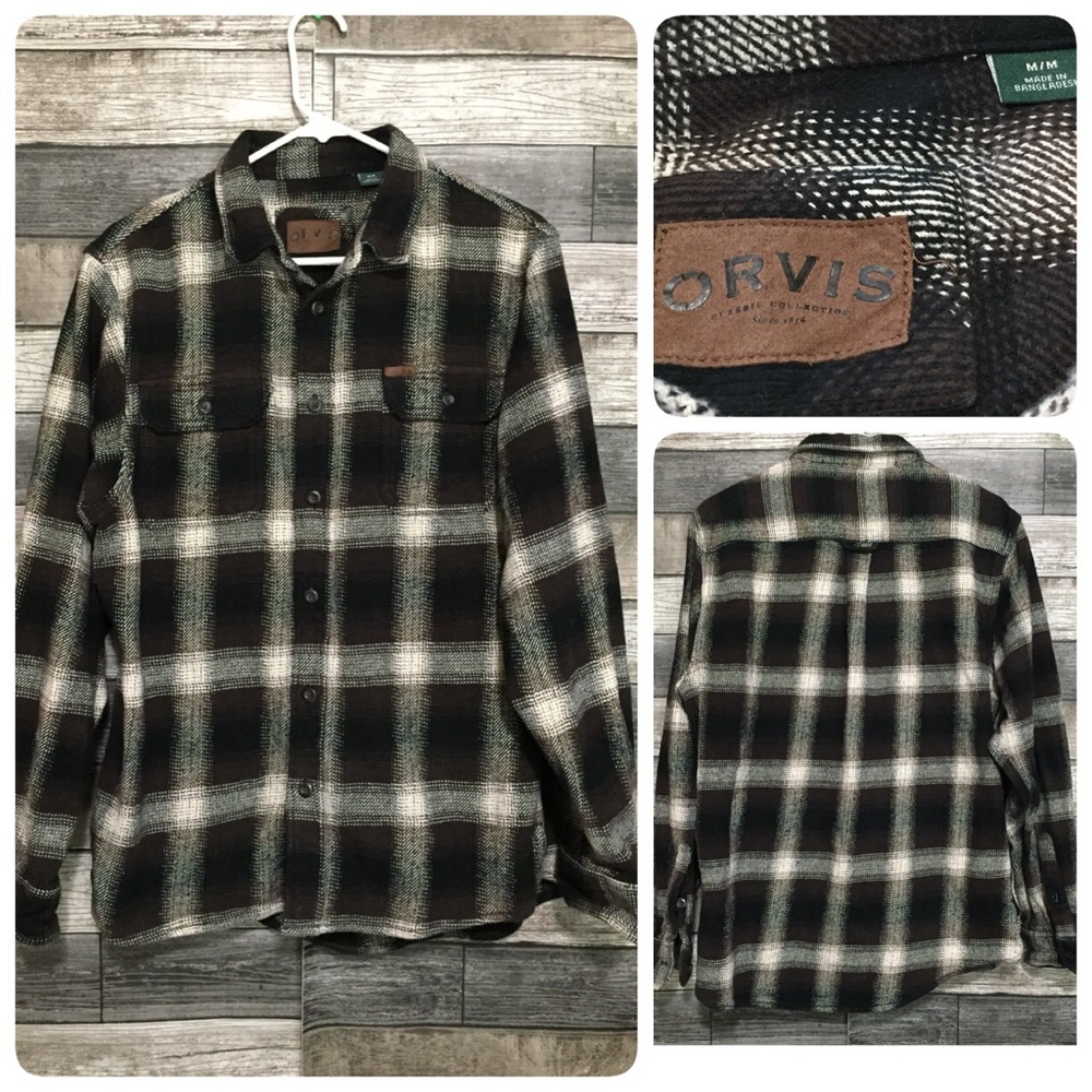 Orvis Heavyweight Flannel Shirt Men’s M Brown Black Plaid Button Up Shacket